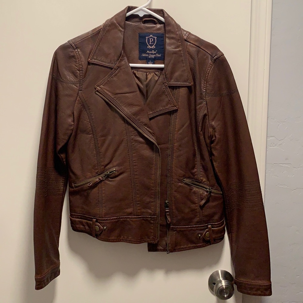 Brown faux leather jacket. Size L.